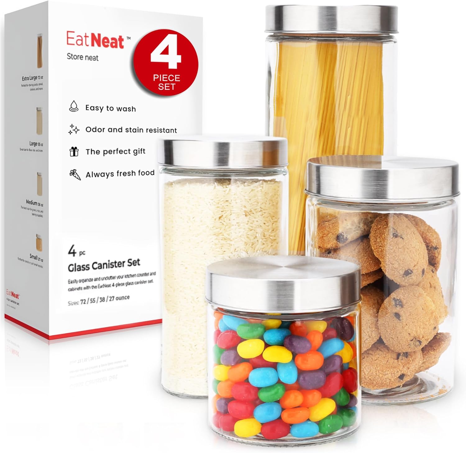 EatNeat 4 Piece Glass Canister Set With Stainless Steel Lids