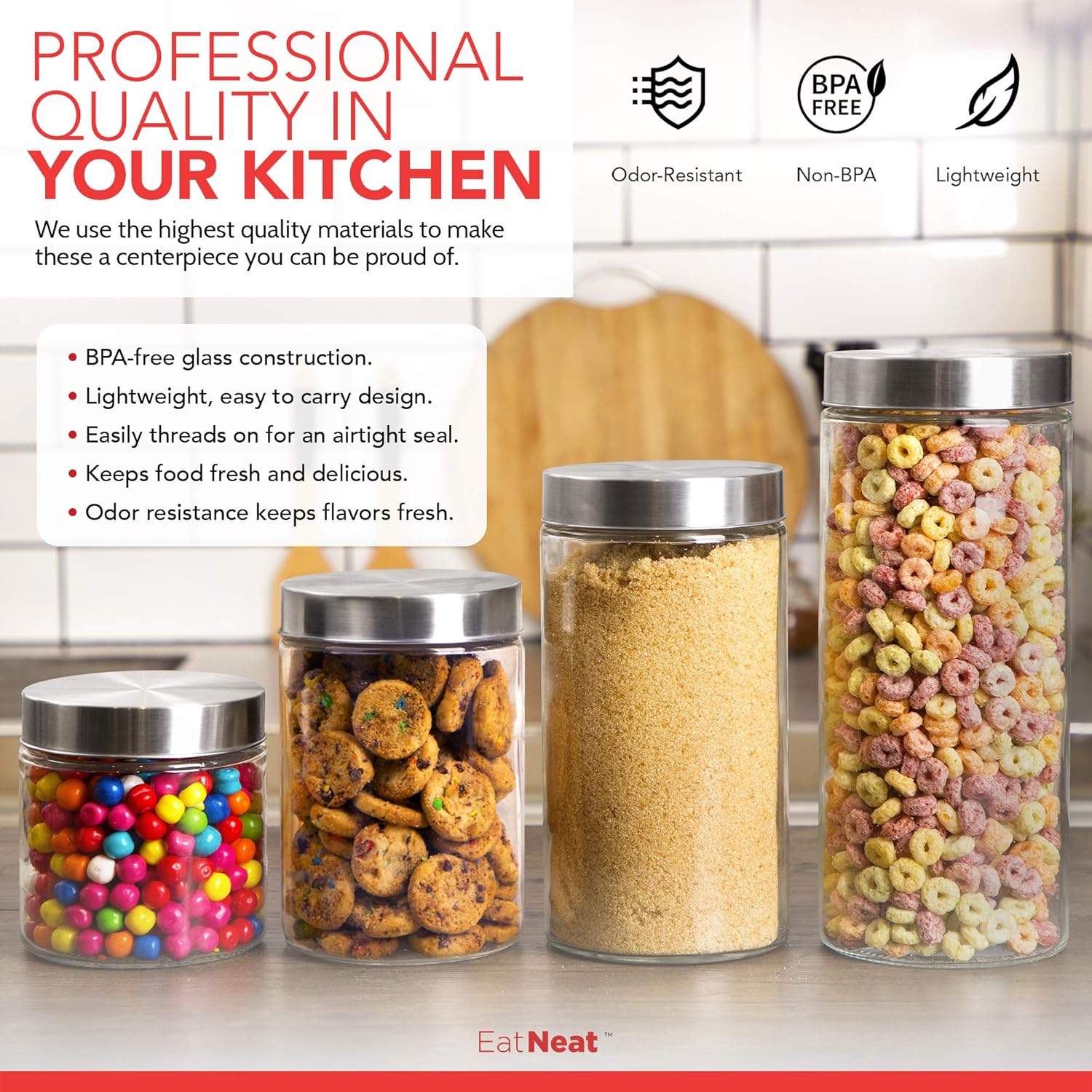 EatNeat 4 Piece Glass Canister Set With Stainless Steel Lids