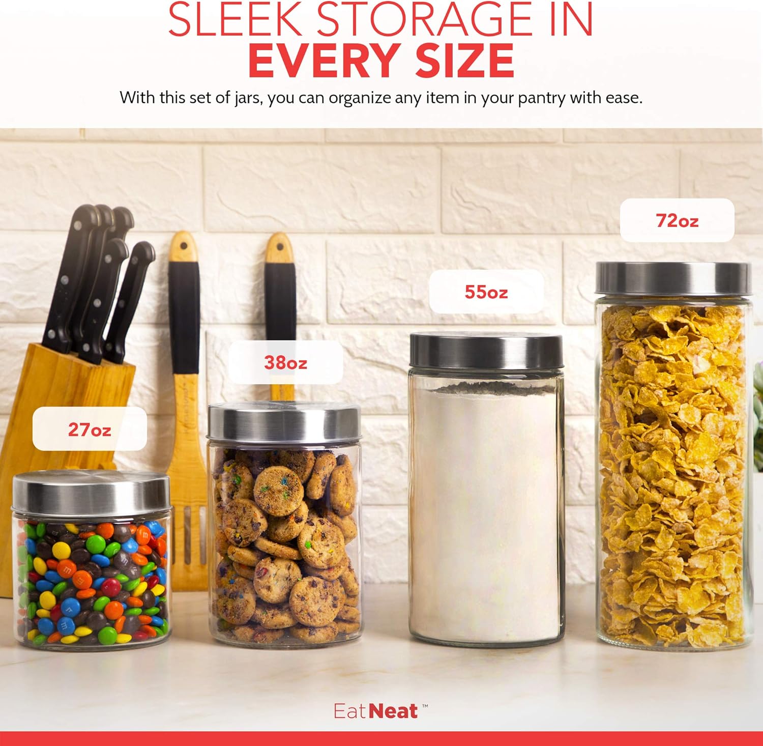 EatNeat 4 Piece Glass Canister Set With Stainless Steel Lids